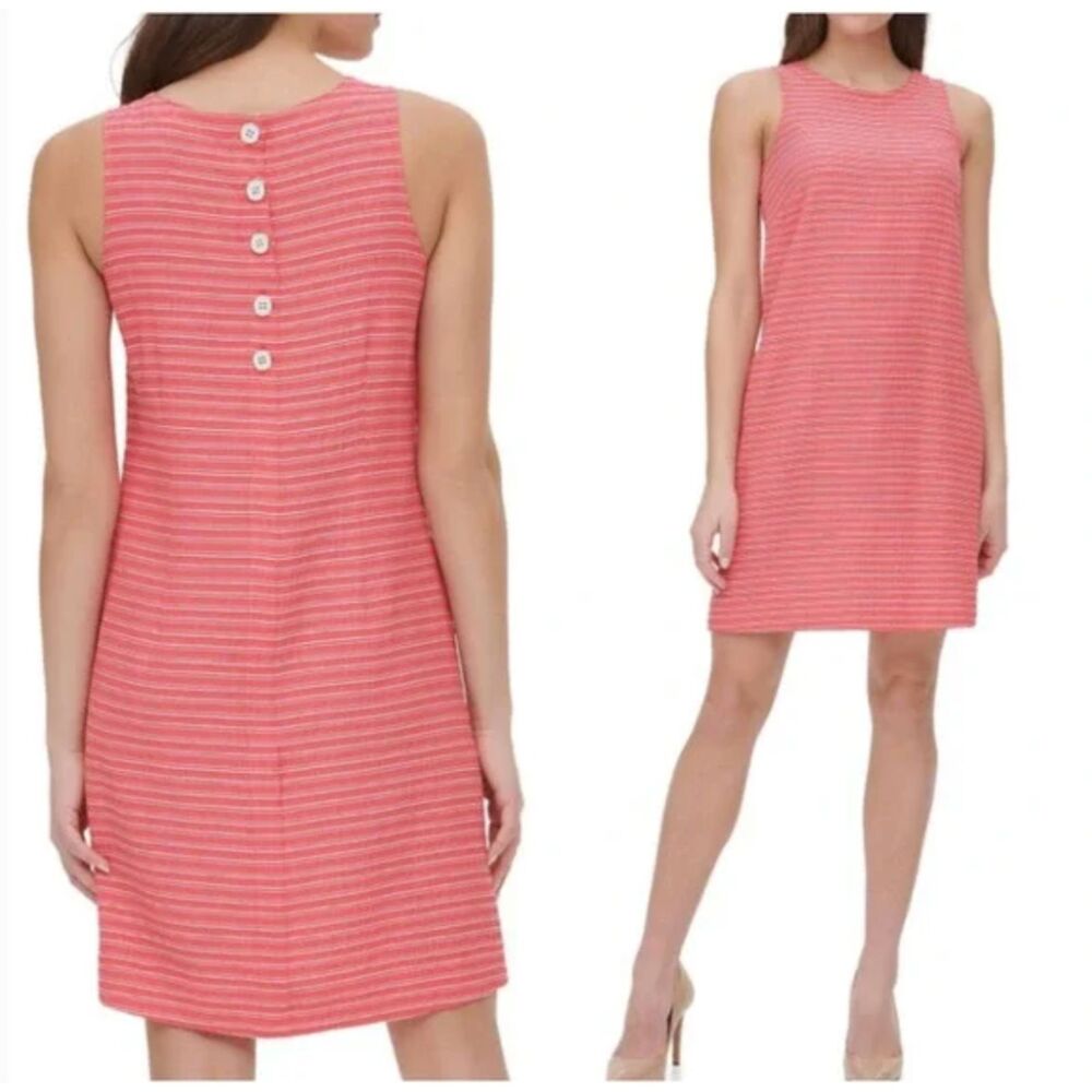 Tommy Hilfiger‎ Sleeveless Shift Dress Button Back Pink Stripe Gauze Size 6